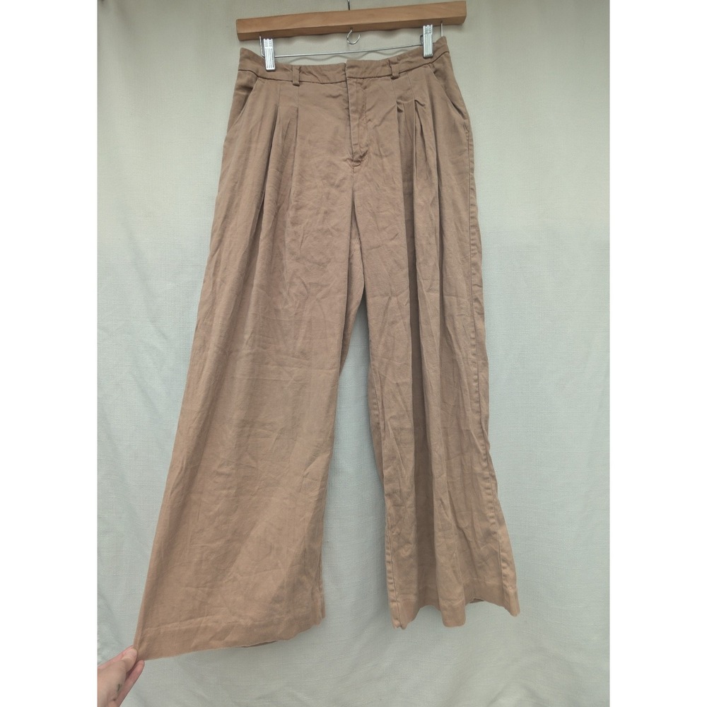 Maeve Avery Trousers Womens M Tan Linen Blend Pleated Wide Leg Anthropologie